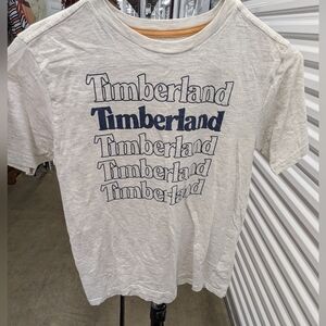 Timberland Cream Short Sleeve Tee with Navy Logo Stack